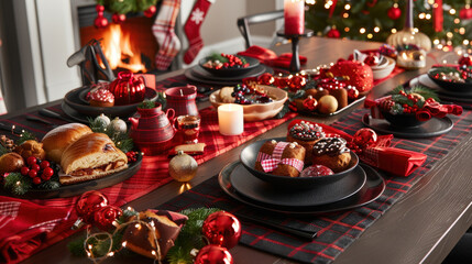 festive table setting for Christmas dinner featuring delicious treats, elegant decorations, and warm ambiance. scene captures joy and warmth of holiday season