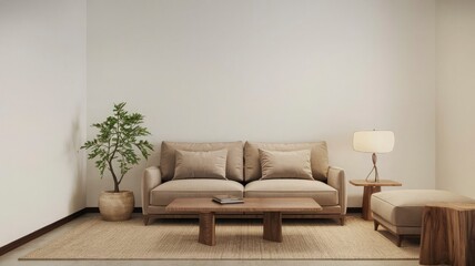 a living room with a couch, table, and a lamp.