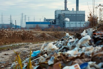 Industrial backdrop looms behind piles of discarded trash, depicting the stark contrast between urban development and environmental neglect.