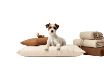 A stylish, minimalist dog bed with a textured fabric and a few scattered dog toys, isolated on white background