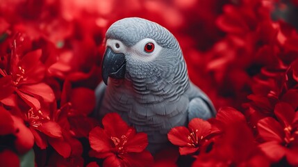 Obraz premium A grey parrot with red eyes is nestled amongst red flowers.