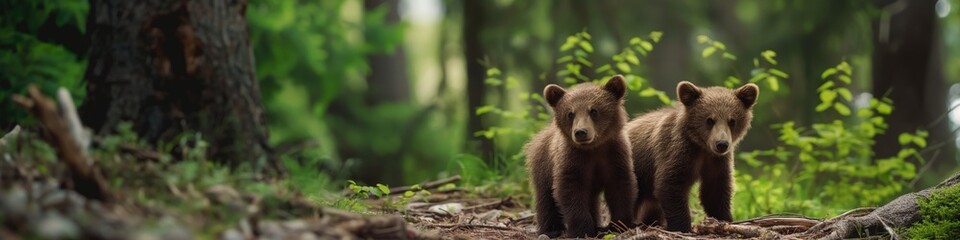 Two bears walking in the woods. The bears are small and cute, and the forest setting creates a sense of calm and tranquility