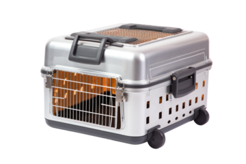 A sturdy, hard-sided cat carrier with a metal wire door, featuring a handle on top and ventilation holes on the sides, isolated on white background