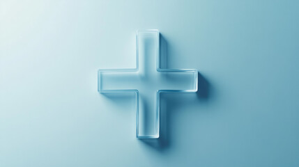 Obraz premium Clear glass cross symbol on a soft blue background during daylight