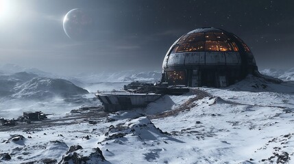 A futuristic, domed building sits on a snowy, alien landscape, with a crescent moon and stars in the sky.