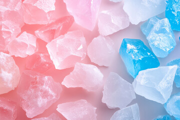 Colorful chunks of pink and blue crystals scattered over a light background