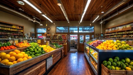 Fototapeta premium Cozy Small Grocery Store Interior with Diverse Organic and Local Products, Warm Lighting, Wooden Shelves, Rustic Decor, Inviting Atmosphere, Fresh Produce, Artisan Goods, Customer-Friendly Layout