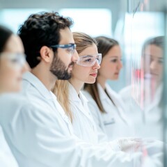 Fototapeta premium Research team studying anonymized patient graphs, clinical data analysis, innovative lab