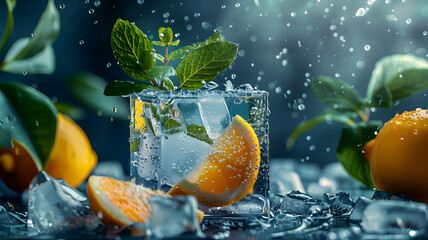 Close-ups of IceCube, Lemon and Lime Slices Splashing and Dropping into Sparkling Fizzy Water, Refreshing Citrus Burst, and Used in Ads, Social Media, Packaging, Banners, Websites, Menus