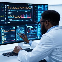 Researcher analyzing trends on health dashboard, futuristic lab, data visualization