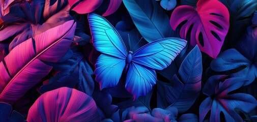 Neon butterfly, abstract floral background, vibrant colors, 3D illustration, isolated on white background