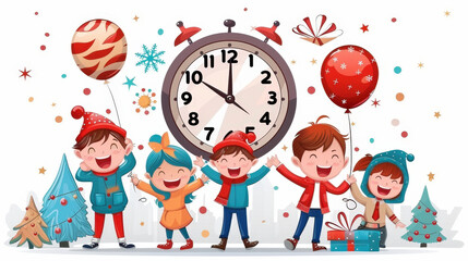Fototapeta premium Joyful children celebrating New Years Eve with balloons, large clock, and festive decorations. Their excitement and happiness create cheerful atmosphere