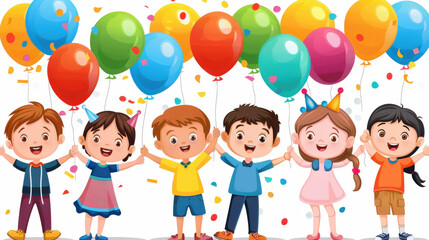 Fototapeta premium joyful group of children celebrating with colorful balloons and confetti, capturing excitement of festive occasion. Their smiles reflect happiness and togetherness