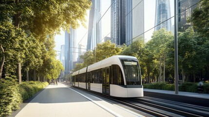 Obraz premium Modern Tram in a City Setting.