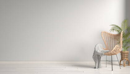 3d rendering of a mock-up with a bright wall, a chair and a plant in Scandinavian style - placeholder - interior.