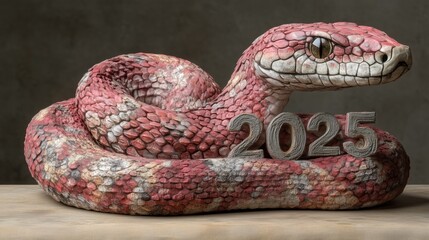 Fototapeta premium A detailed sculpture of a coiled snake with rustic scales and the year 