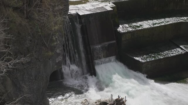 Lechfall waterfall, Lech river near Fussen, Ostallgaeu, Allgaeu, Swabia, Bavaria, Germany, Europe. Gedenkstein Via Claudia Augusta. Maxsteg Fussen. Wehr WKW Mangfall. King Max jetty. 