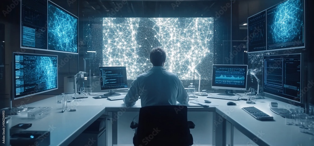 Aufkleber A man sits in front of a large screen displaying a digital network, surrounded by multiple computer screens with data visualizations in a dark room.