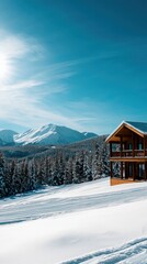 Naklejka premium A Cozy Cabin Overlooks Snowy Mountains and Pine Forests Under Clear Blue Skies