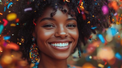 Funny black woman is smiling and surrounded by colorful confetti