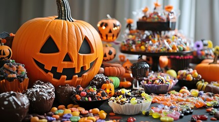 A Halloween candy table overflowing with a variety of treats, from chocolates to gummies, all ready for trick-or-treaters.
