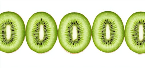 Fototapeta premium Sliced kiwi, bright green with seeds visible, lined up, isolated on white background