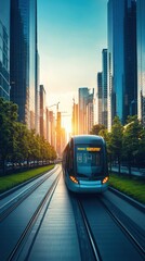 Obraz premium Modern Tram in Cityscape at Sunset.