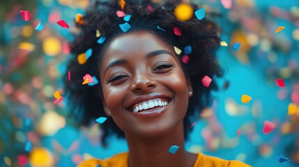 Funny black woman is smiling and surrounded by colorful confetti