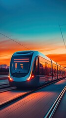 Obraz premium Modern Tram in Motion at Sunset.