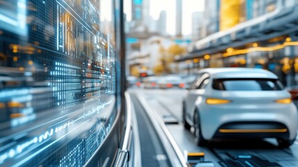 Futuristic Cityscape with Self-Driving Car and Digital Interface.
