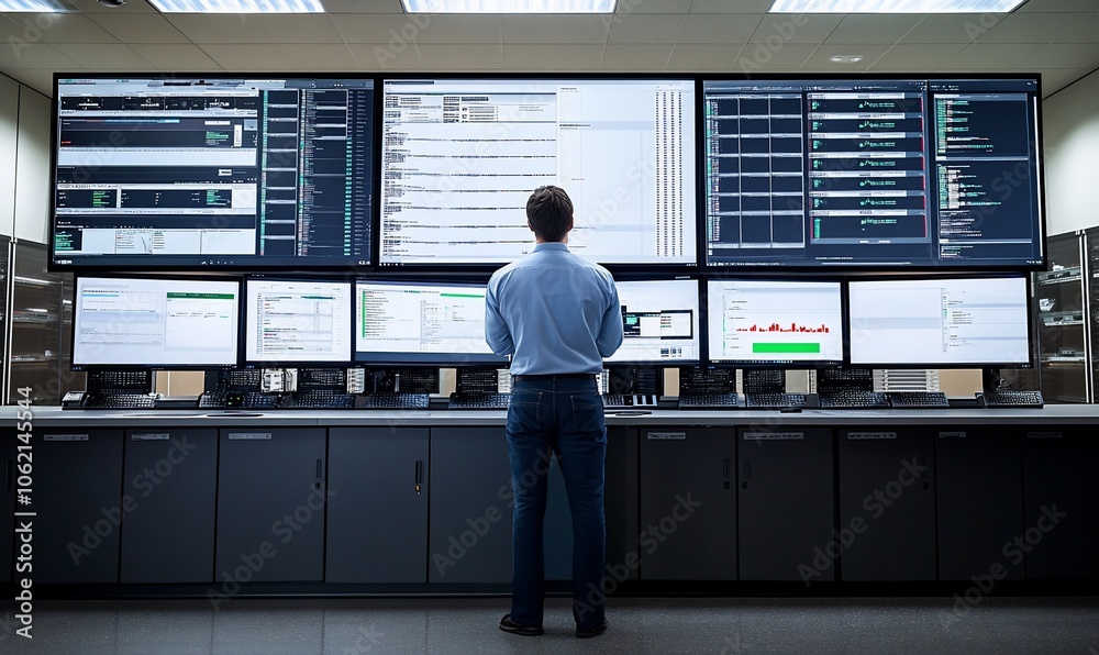 Poster A man stands in front of a wall of computer monitors, looking at the data displayed on the screens.