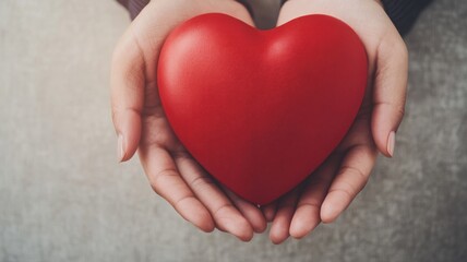 Fototapeta premium Hands holding a red heart symbolizing love, care, and compassion on a soft background for emotional connection.