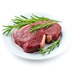 Fototapeta premium Fresh cuts of red meat garnished with sprigs of rosemary on a white plate