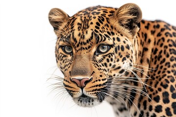 Obraz premium Intense gaze of leopard against a white backdrop