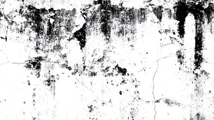 A textured black and white wall featuring cracks and stains, ideal for backgrounds and artistic projects.