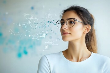 Young woman with glasses contemplating data visualization in a modern office setting
