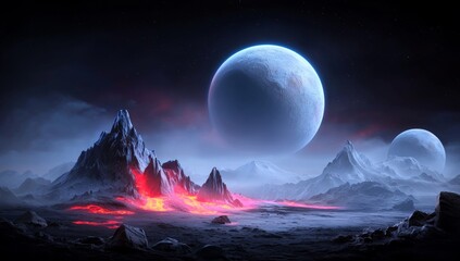 In space, an alien planet can be seen. Stock image.