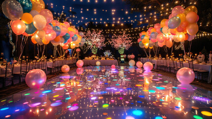 Obraz premium vibrant New Years Eve party scene featuring colorful dance floor illuminated by lights, surrounded by festive balloons and elegant decorations. atmosphere is joyful and celebratory