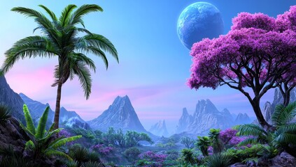 Fototapeta premium A painting of a landscape surrounded by trees and planets.