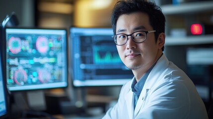 Fototapeta premium Focus asian man in a lab coat at a desk with multiple monitors