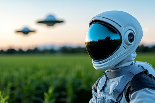 Imaginary alien in a rural field. Stock. Digital rendering.