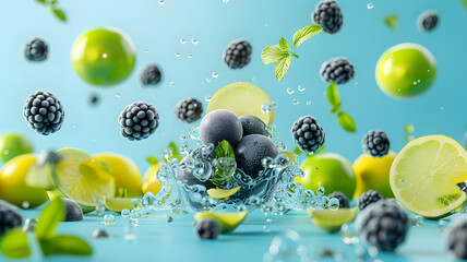 Close-ups of Lemon and Lime Slices Splashing and Dropping into Sparkling Fizzy Water, Refreshing Citrus Burst, and Used in Ads, Social Media, Packaging, Banners, Websites, Menus