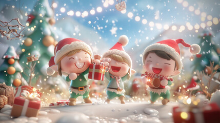 Joyful elves celebrate holiday season, dancing and wrapping gifts in festive winter wonderland filled with sparkling lights and colorful decorations