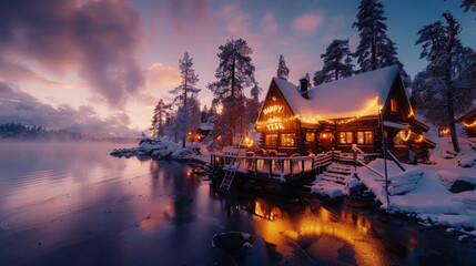 picturesque snowy landscape featuring cozy cabin adorned with festive lights, reflecting on serene lake at sunset. scene evokes warmth and holiday cheer