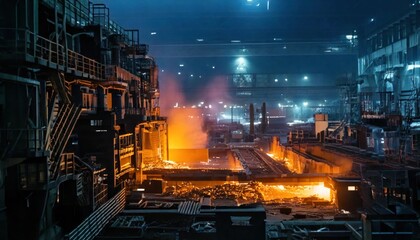  Hot metal being processed in a steel factory, vibrant orange glow, industrial scene.