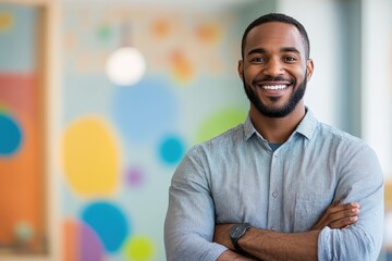 Naklejka premium Smiling man with crossed arms in a bright, colorful office environment during the day