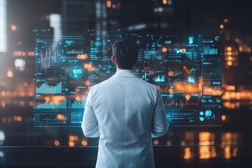 Scientist analyzes data on a futuristic digital interface in a modern research facility at night