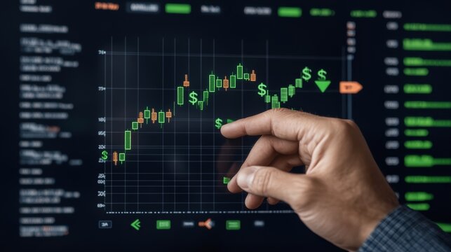 hand interacting with bull market graph lines, dollar symbols and green arrows indicating growth, photorealistic