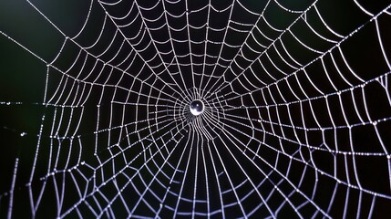 Obraz premium Dew-Covered Spiderweb with a Single Water Drop in the Center