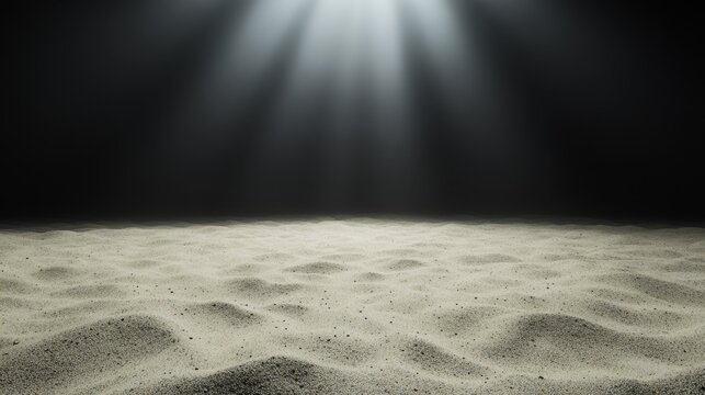 Peaceful ocean floor with subtle contrasts of light and dark, sand and stones settled undisturbed, faint light filtering down, casting soft shadows across the tranquil seabed